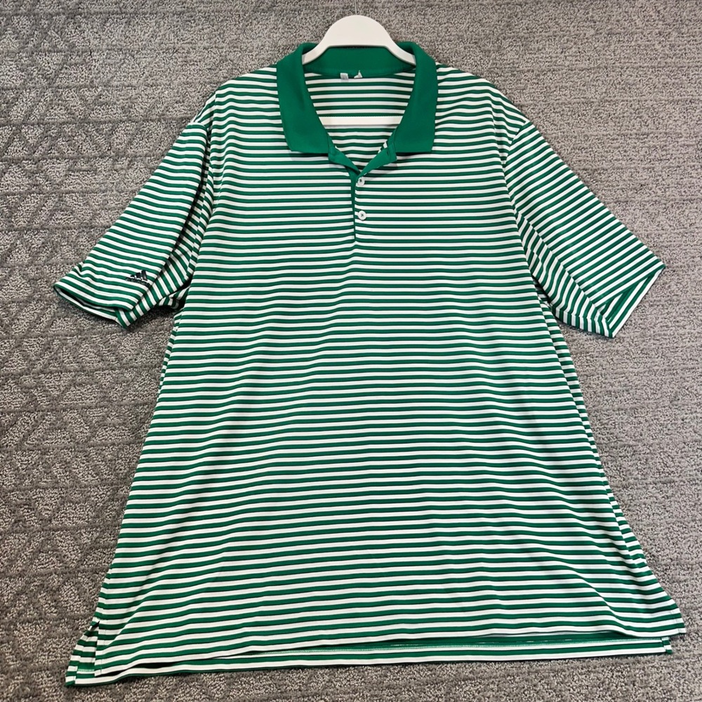 Adidas Men's Golf Polo Shirt Green White Striped XL Short Sleeve Athletic